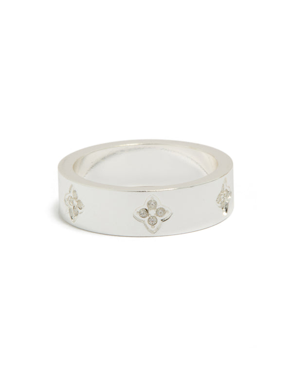 Elegant waterproof stainless steel band ring with floral cubic zirconia accents and dainty design in silver front view