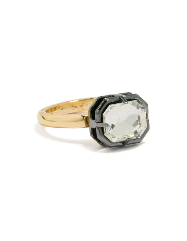 Crafted from gold plated metal, this cubic zirconia mixed statement ring features a crystal stone in silver and chunky design side detail view