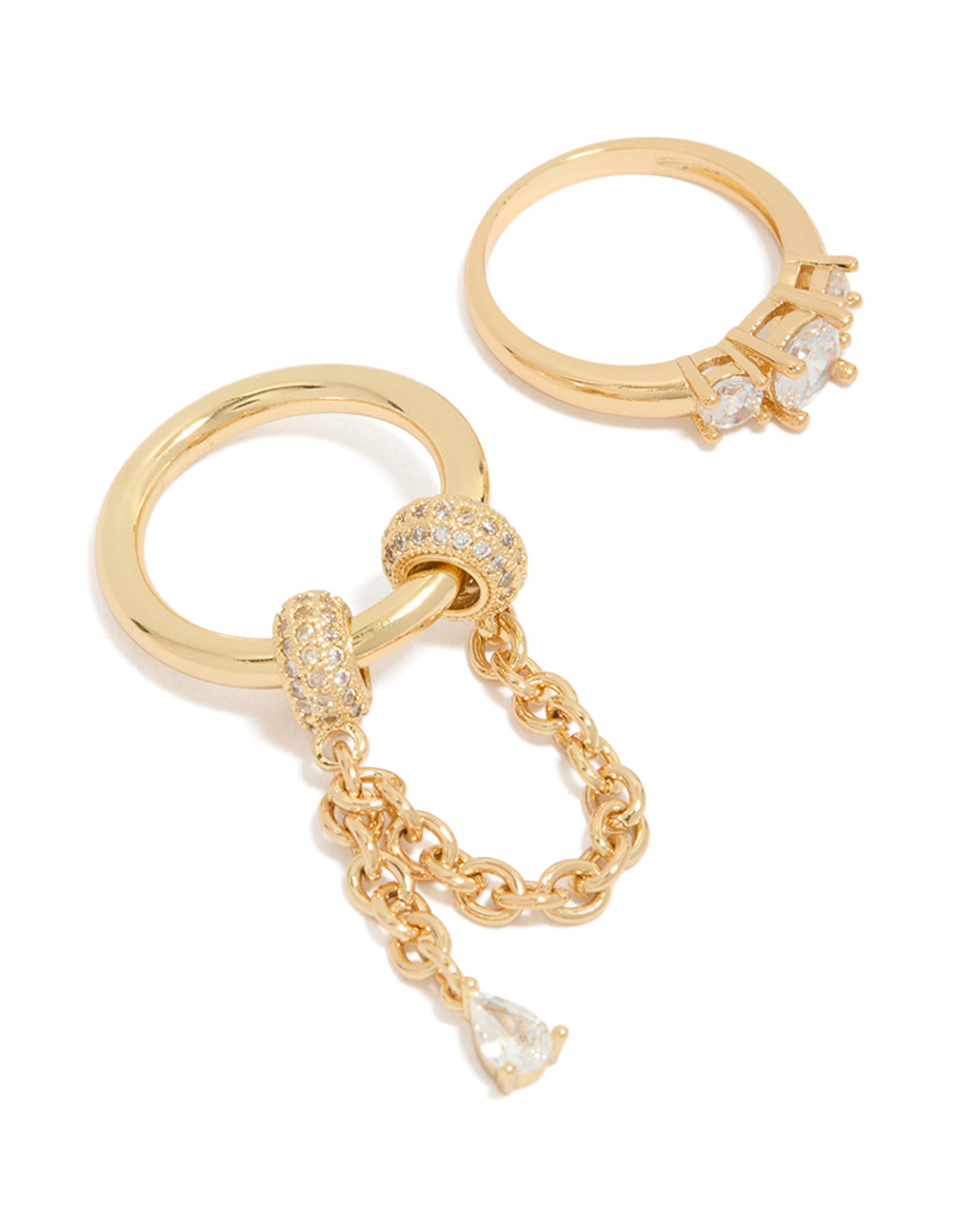 Beautifully crafted gold plated cubic zirconia pave and chain spinner rings 2-pack featuring chunky design front view