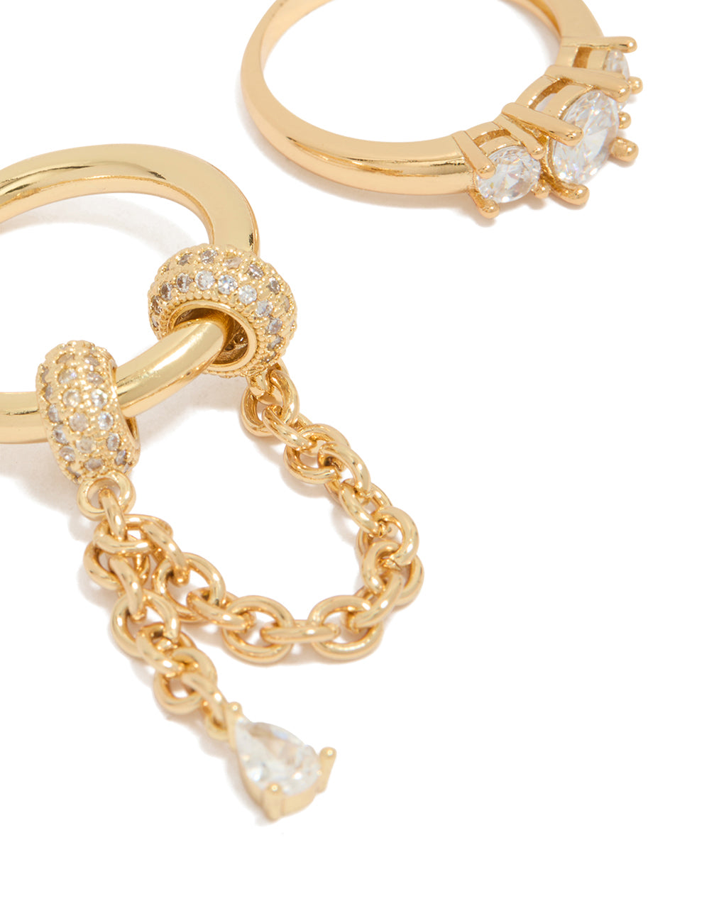 Elegantly designed gold plated cubic zirconia pave and chain spinner rings 2-pack in chunky style close up view