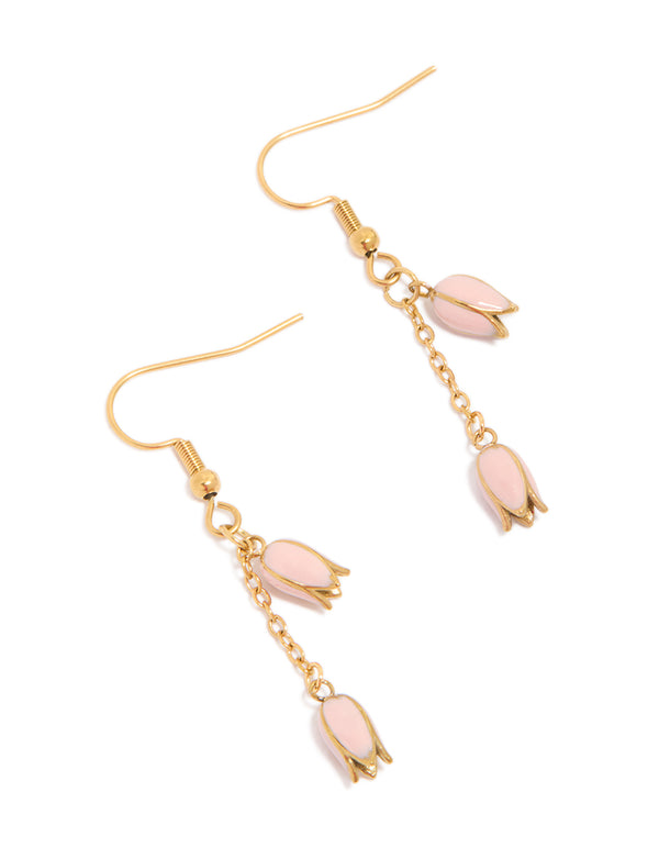 Showcasing waterproof gold plated stainless steel pink tulips drop earrings with floral design front view