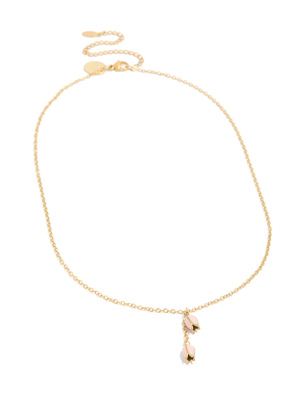 Discover this waterproof gold plated stainless steel pink tulips pendant necklace with floral in dainty style front view