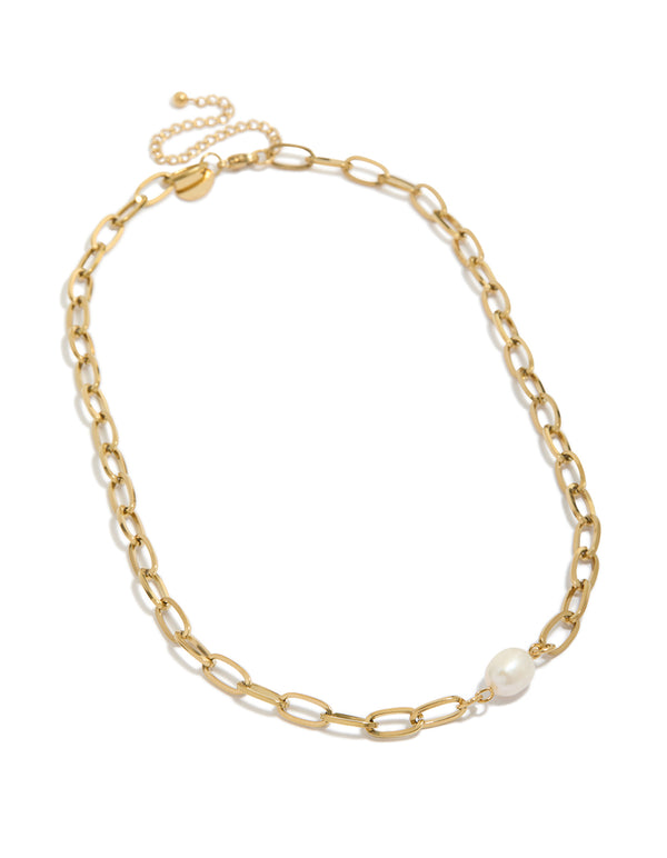 Presenting a waterproof gold plated stainless steel paperclip pearl centre necklace with statement design front view