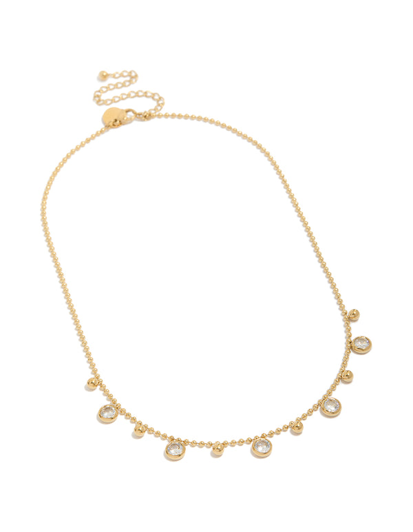 Waterproof Gold Plated Stainless Steel Bezel Set Cubic Zirconia & Balls Chain Necklace