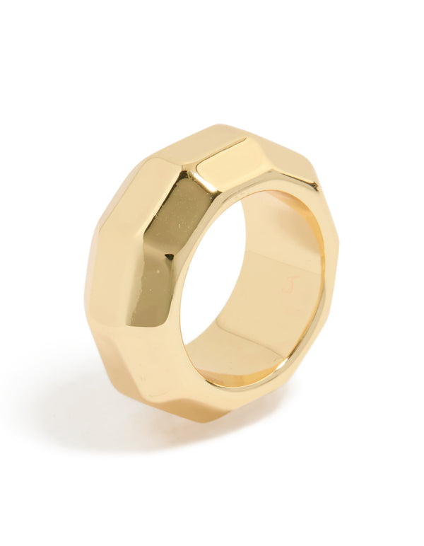 Showcasing a waterproof geometric square ring crafted from gold plated stainless steel with statement styling side detail view