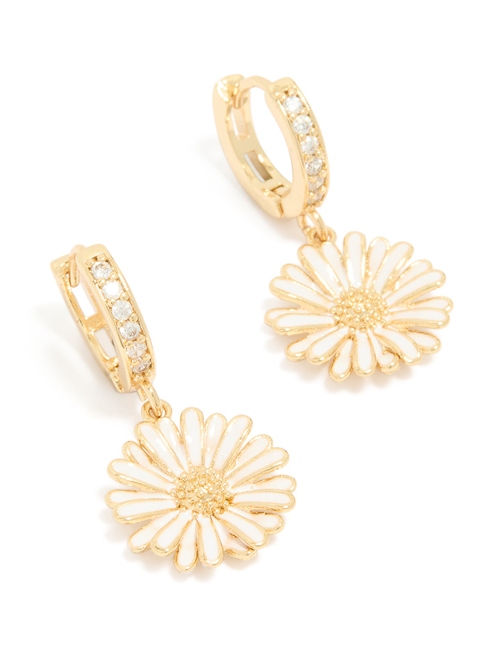 Showcasing statement floral huggie earrings with gold plated finish, white enamel petals, and cubic zirconia accents front view