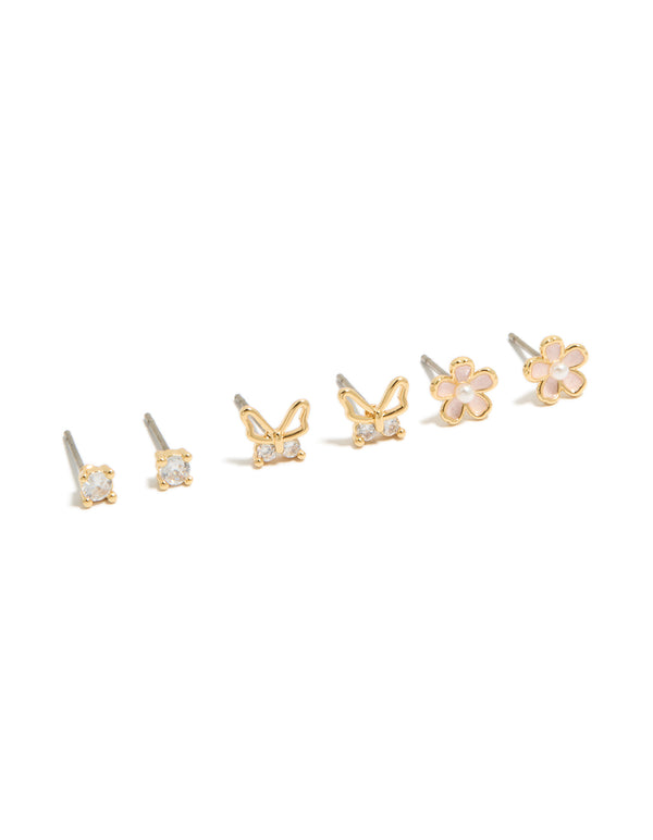 Gold Plated Cubic Zirconia Enamel Butterfly & Flower Earrings 3-Pack