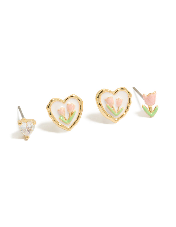 Gold Plated Cubic Zirconia Flower Stud Earrings 3-Pack