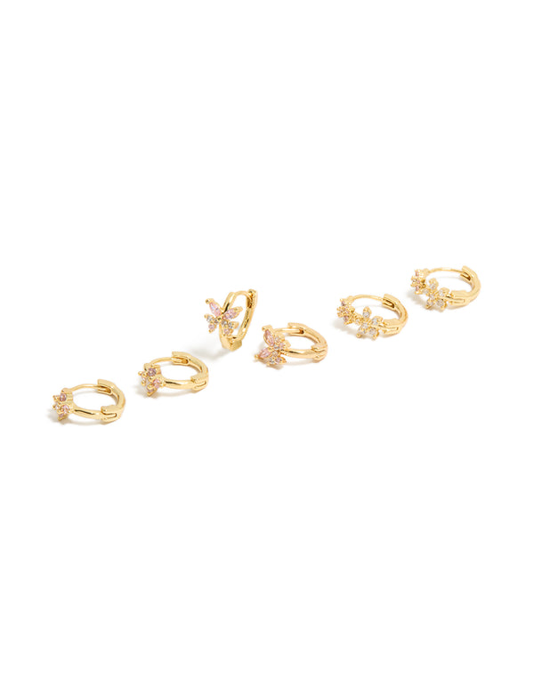 Gold Plated Cubic Zirconia Flower Huggie Earrings 3-Pack