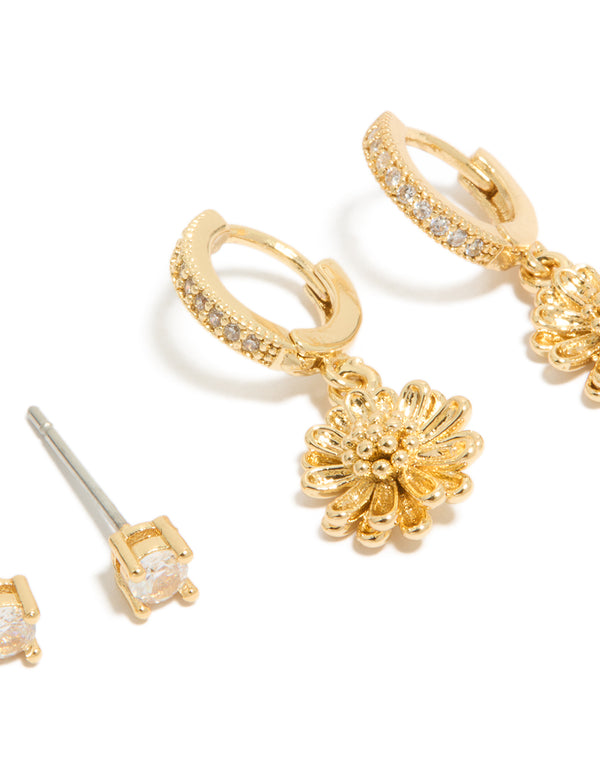 Gold Plated Cubic Zirconia Studs & Sunflower Huggie Earrings 2-Pack
