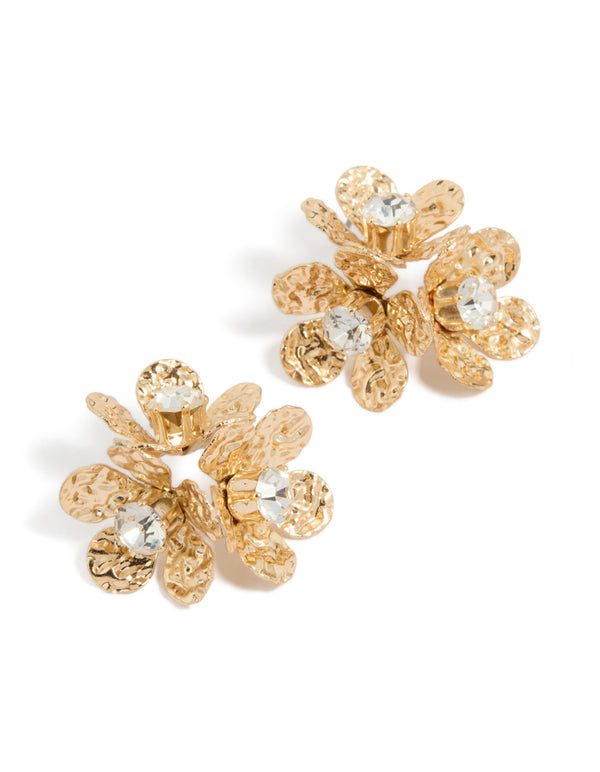 Showcasing gold diamante and molten flower stud earrings with clear accents front view