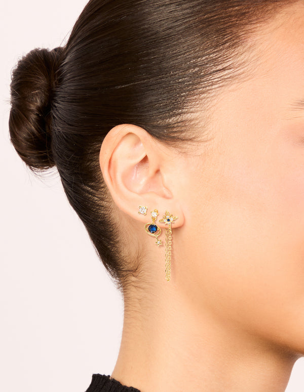 Gold Plated Cubic Zirconia Celestial Chain & Mini Stud Earrings 3-Pack