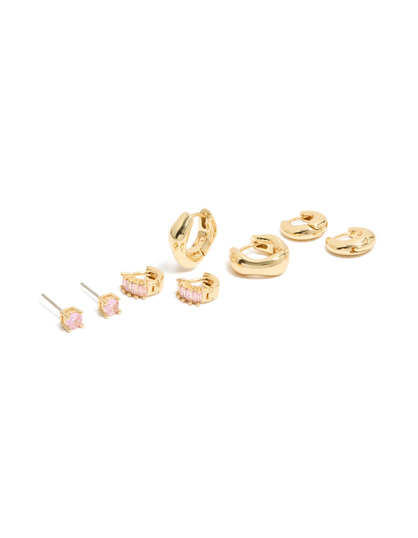 Featuring gold plated pink cubic zirconia stud and huggie earrings in a 4-pack with chunky style descriptor, baguette stone cut front view