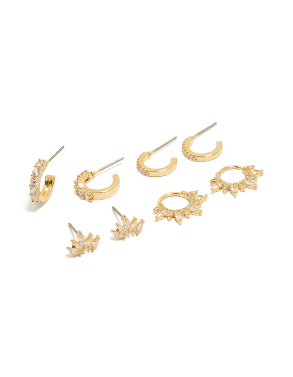 Showcasing gold plated cubic zirconia marquise fanned huggies and stud earrings 4-pack with crystal embellishments in huggie and stud closures front view