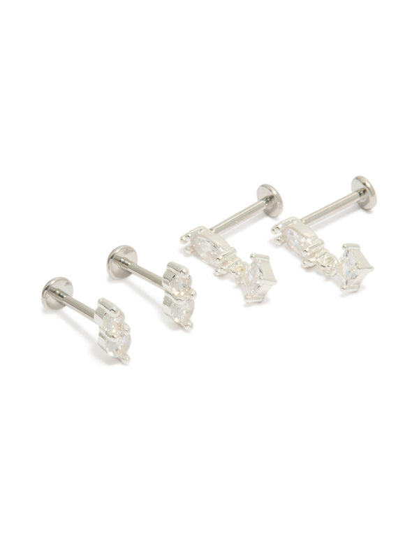 Explore silver plated double marquise and oval cubic zirconia flat back studs pack featuring titanium with stud closure front view