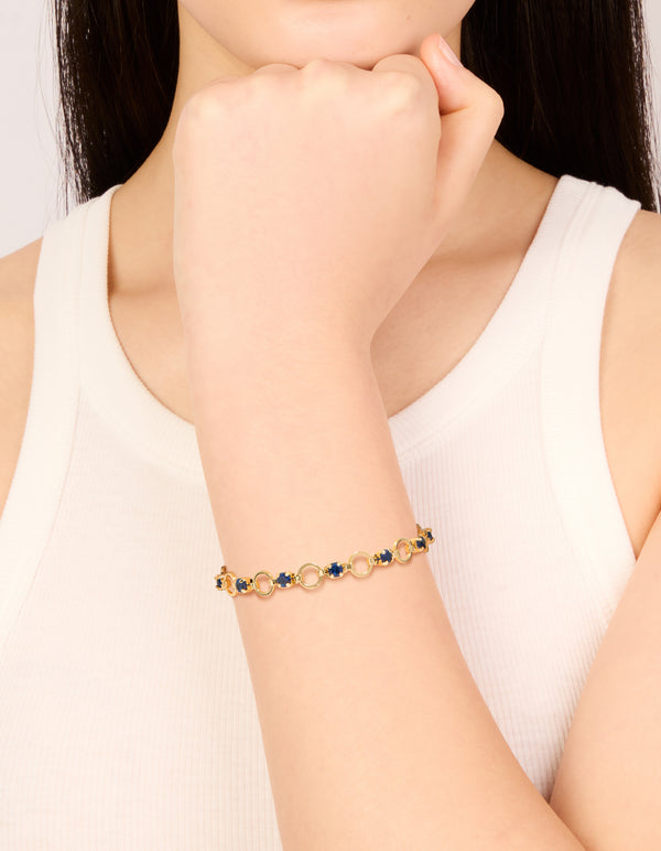 Gold Plated Blue Cubic Zirconia Alternating Round Link Bracelet
