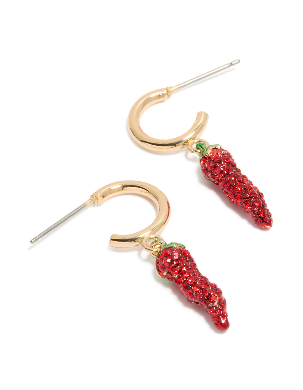 Showcasing gold diamante chili hoop earrings featuring food with red and green accents front view