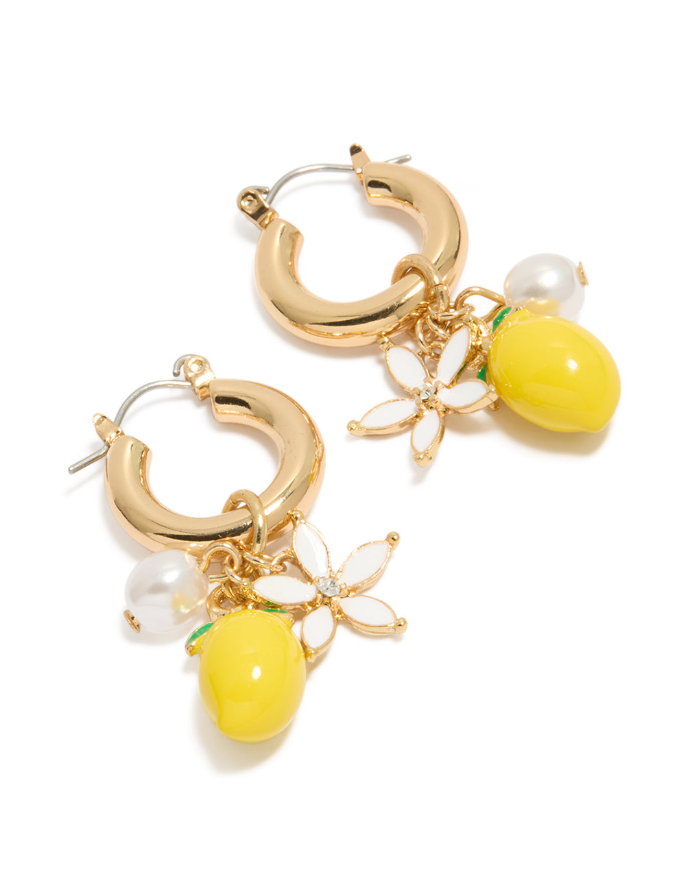 Showcasing gold huggie earrings featuring a floral and pearl embellished lemon charm in a front view