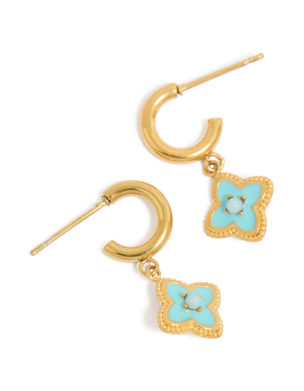 Showcasing gold plated stainless steel blue enamel flower hoop earrings front view