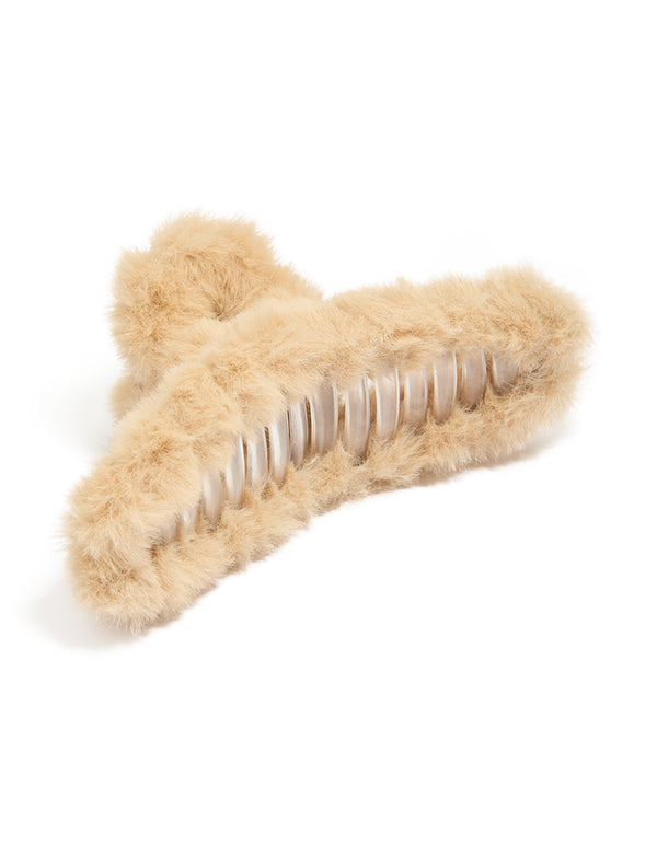 Showcasing a brown playful fluffy fabric claw clip in tan burlywood detail view