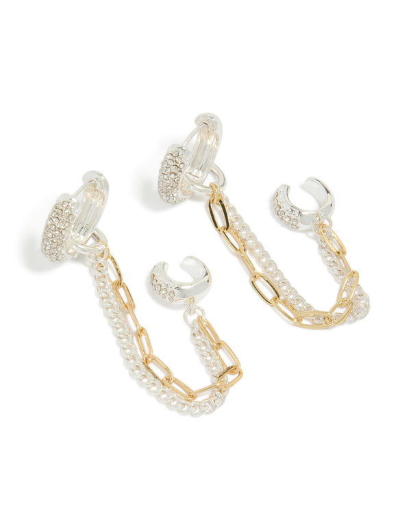 Mixed Metal Plated Diamante Multi Chain & Cuff Huggie Earrings
