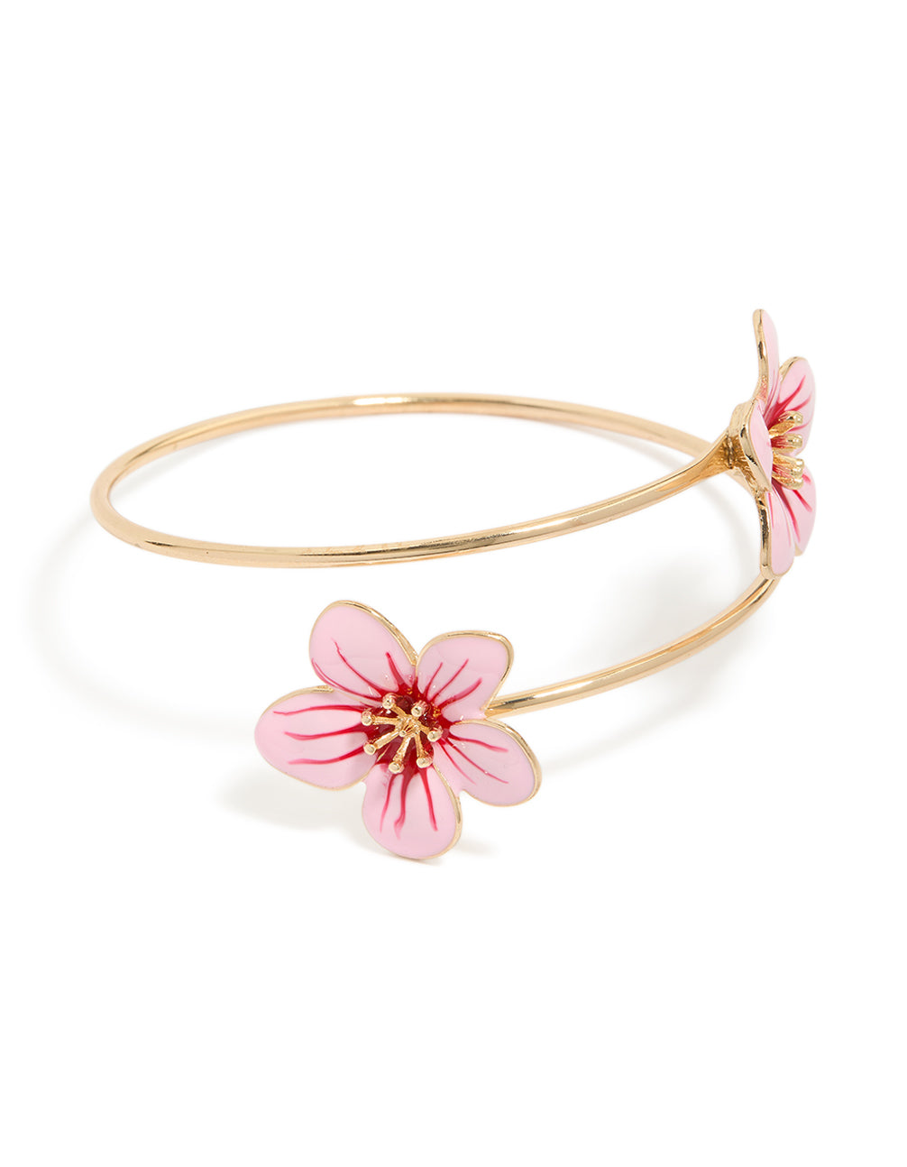 Showcasing a gold pink with red centre enamel flower arm cuff featuring floral pattern in statement style bangle front view