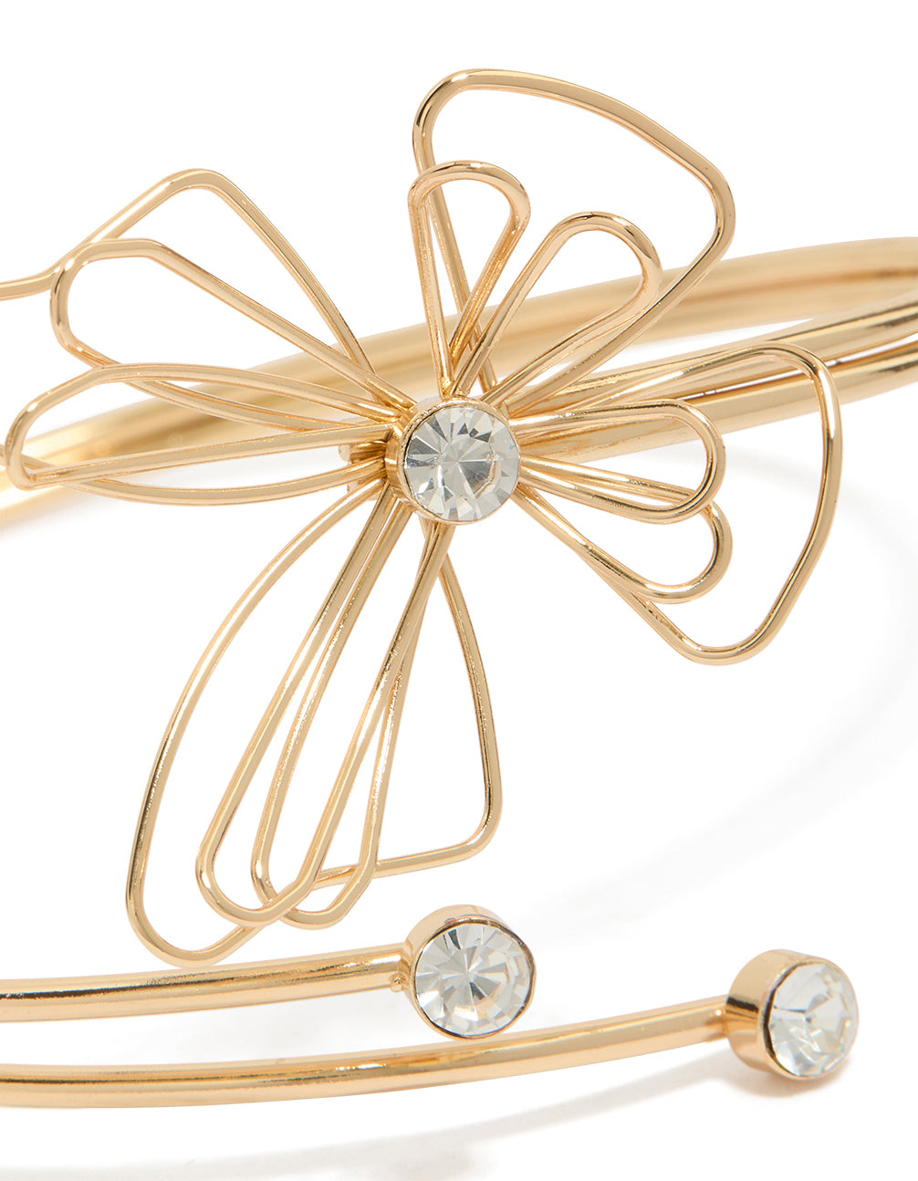 Featuring a gold diamante wire butterfly arm cuff with statement style close up view