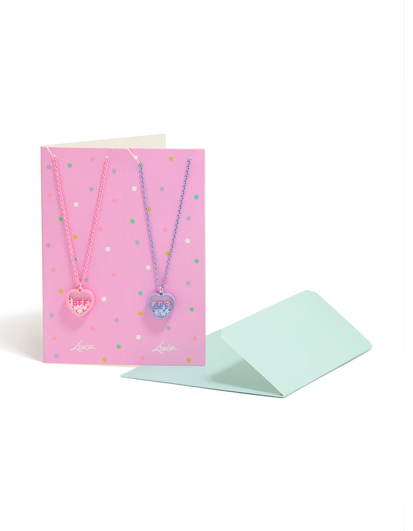 Discover kids coated metal glitter heart pendant best friends necklaces in pink purple lavender 2-pack front view