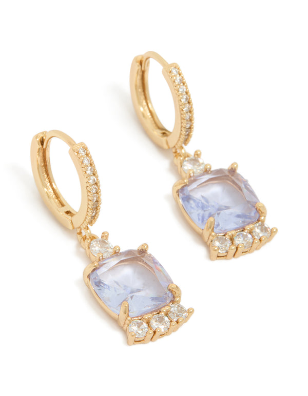 Showcasing gold purple cubic zirconia square huggie earrings with lavender stones front view