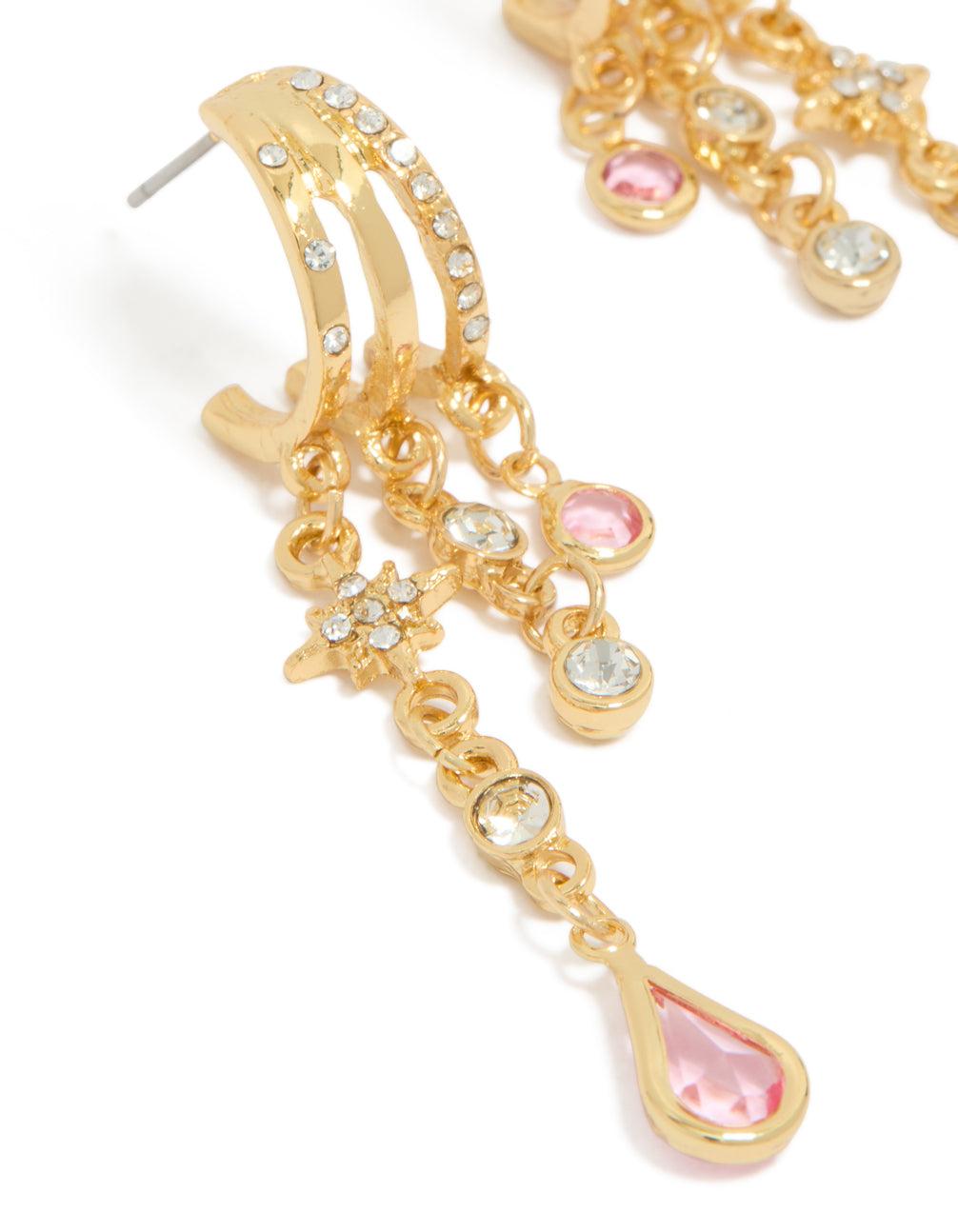 Presenting gold plated pink cubic zirconia chain drop earrings with star and celestial charm in statement hoop style close up view