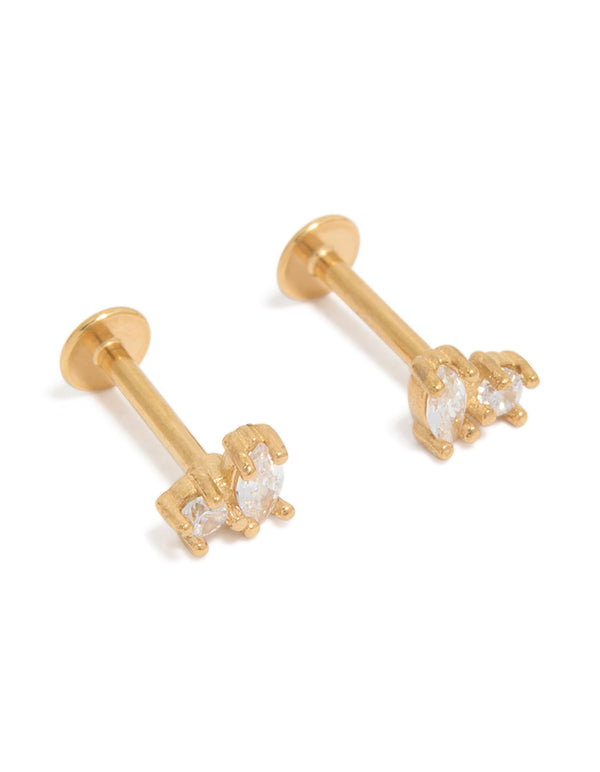 Showcasing gold plated surgical steel oval and circle cubic cluster zirconia flat back studs with clear stones in front view
