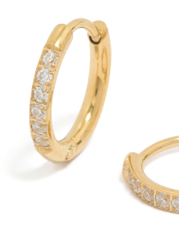 Highlighting gold plated surgical steel cubic zirconia classic sleeper hoop earrings in 10 MM close up view