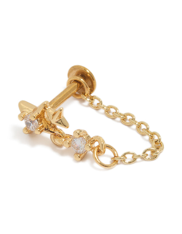 Showcasing dainty celestial earrings with star cubic zirconia, crafted from surgical steel in a statement flat back stud design with chain detailing front view