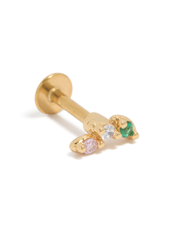 Featuring surgical steel crawler stud with cubic zirconia stones in light pink, clear and turquoise, crafted from gold plated material and flat back closure front view