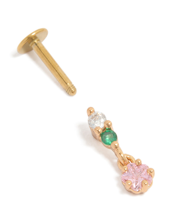 Crafted from surgical steel circle drop stud featuring cubic zirconia stones in pink, green, and clear with gold plated flat back closure post detail view