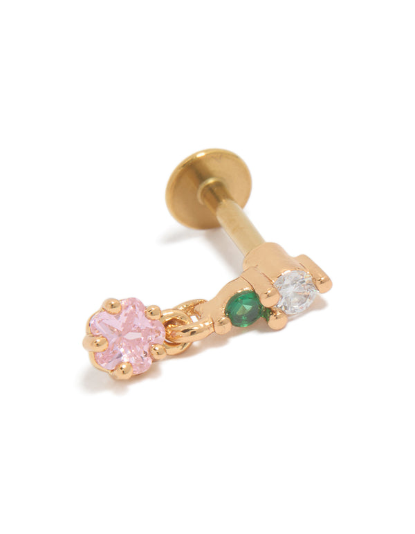 Showcasing surgical steel circle drop stud with cubic zirconia stones in pink, green, and clear, featuring flat back closure and gold plated finish front view