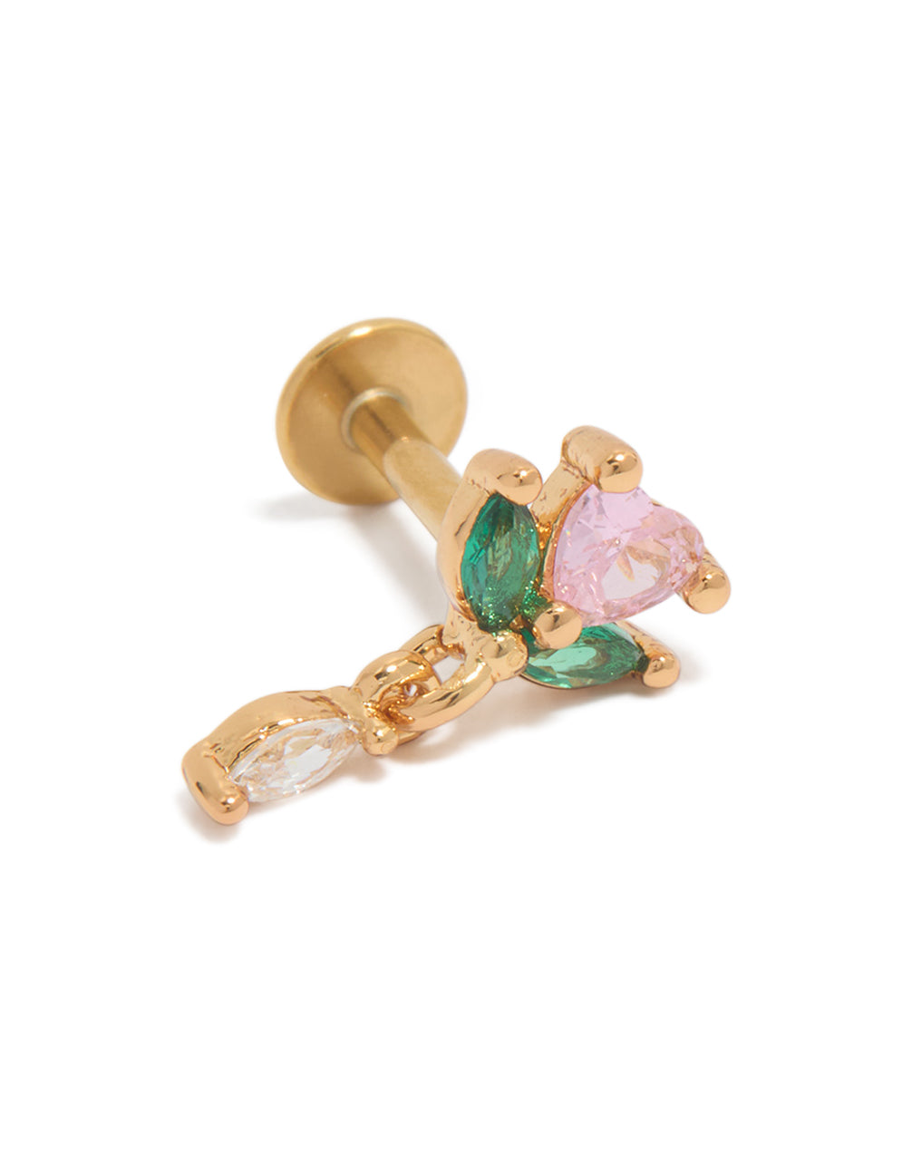 Showcasing a gold plated surgical steel pink cubic zirconia rose drop single flat back stud with floral and dainty styling front view