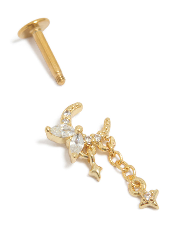Highlighting celestial charm stud earrings with moon and star design crafted from surgical steel featuring cubic zirconia and flat back closure in gold post detail view