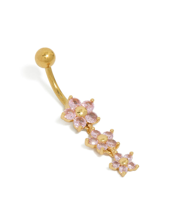 Gold Plated Surgical Steel Cubic Zirconia Pink Triple Flower Belly Bar