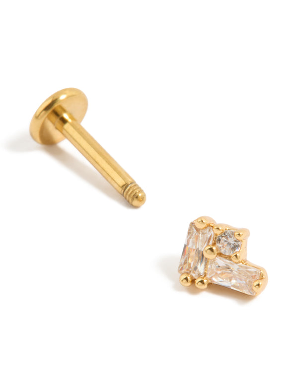 Crafted from titanium with gold plated cubic zirconia rectangle cluster flat back stud closure post detail view