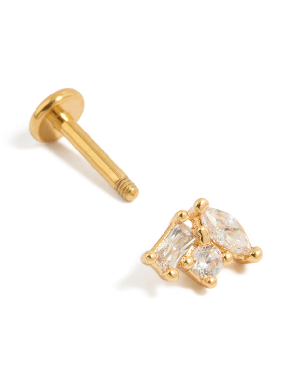 Gold plated titanium cubic zirconia multi shaped single flat back stud with threaded post detail view