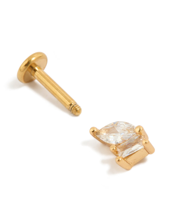 Designed with gold plated titanium cubic zirconia marquise and rectangle flat back stud post detail view