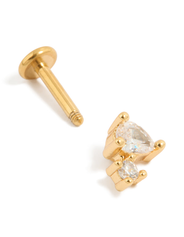 Designed with gold plated titanium cubic zirconia pear cluster single flat back stud post detail view