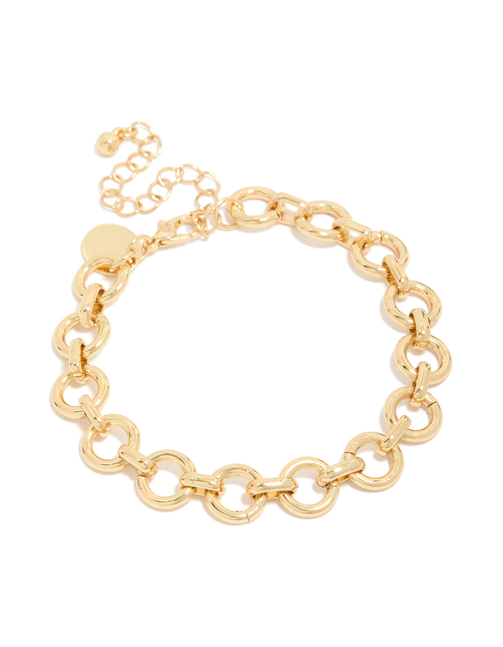Showcasing a gold plated statement circle link bracelet front view
