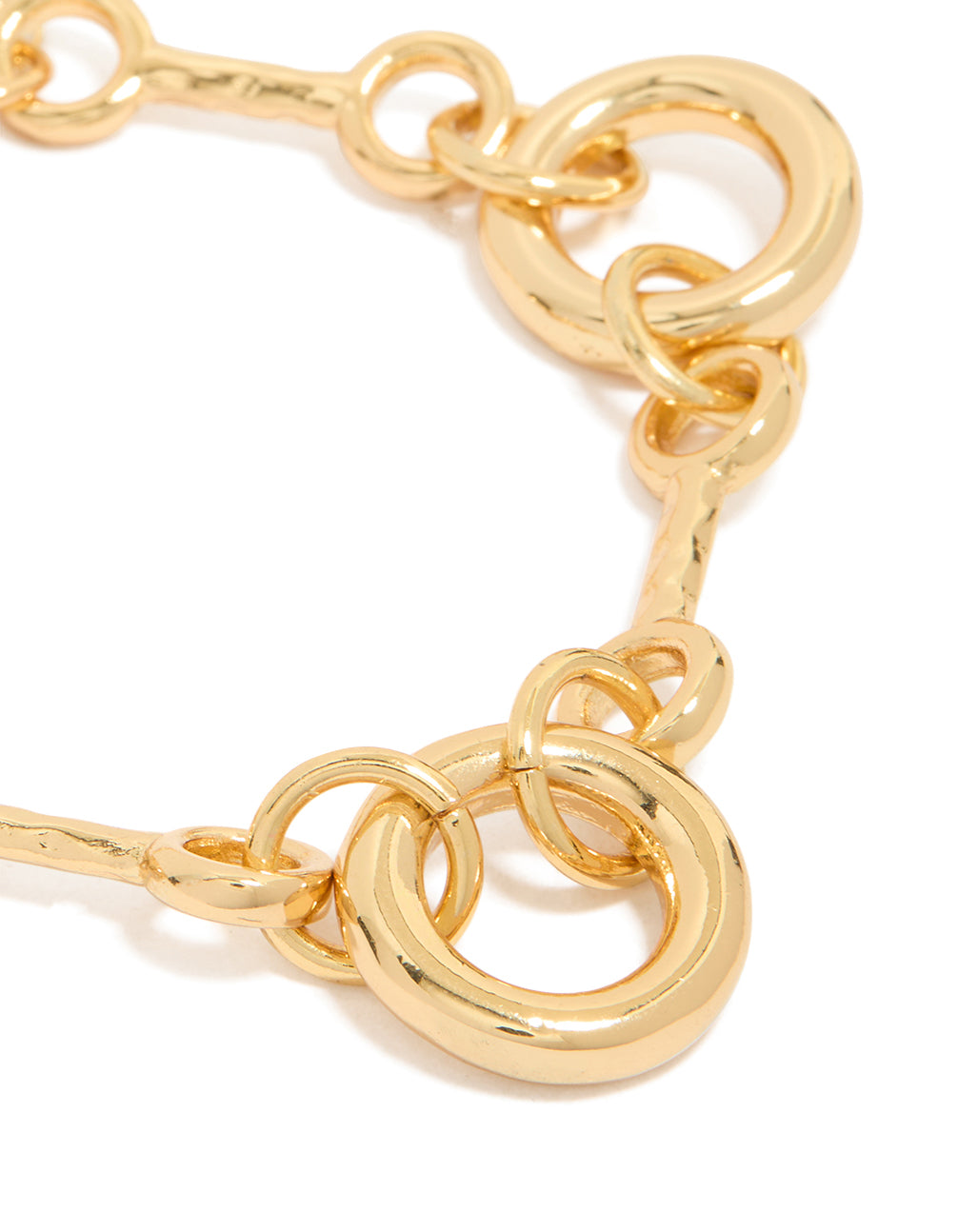 Designed with gold plated circular links, this chain bracelet close up view