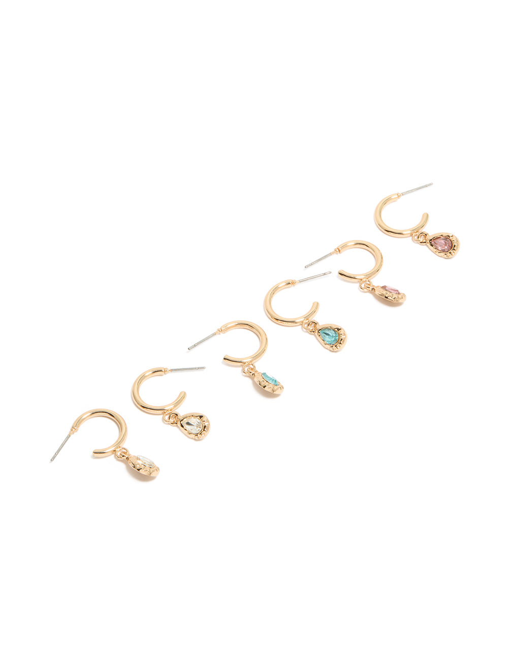 Showcasing gold blue and pink diamante huggie earrings in a 3-pack front view