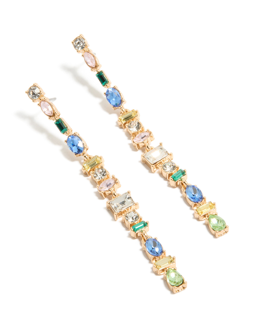 Showcasing gold blue and green diamante long drop earrings with statement style and oval stone cut front view