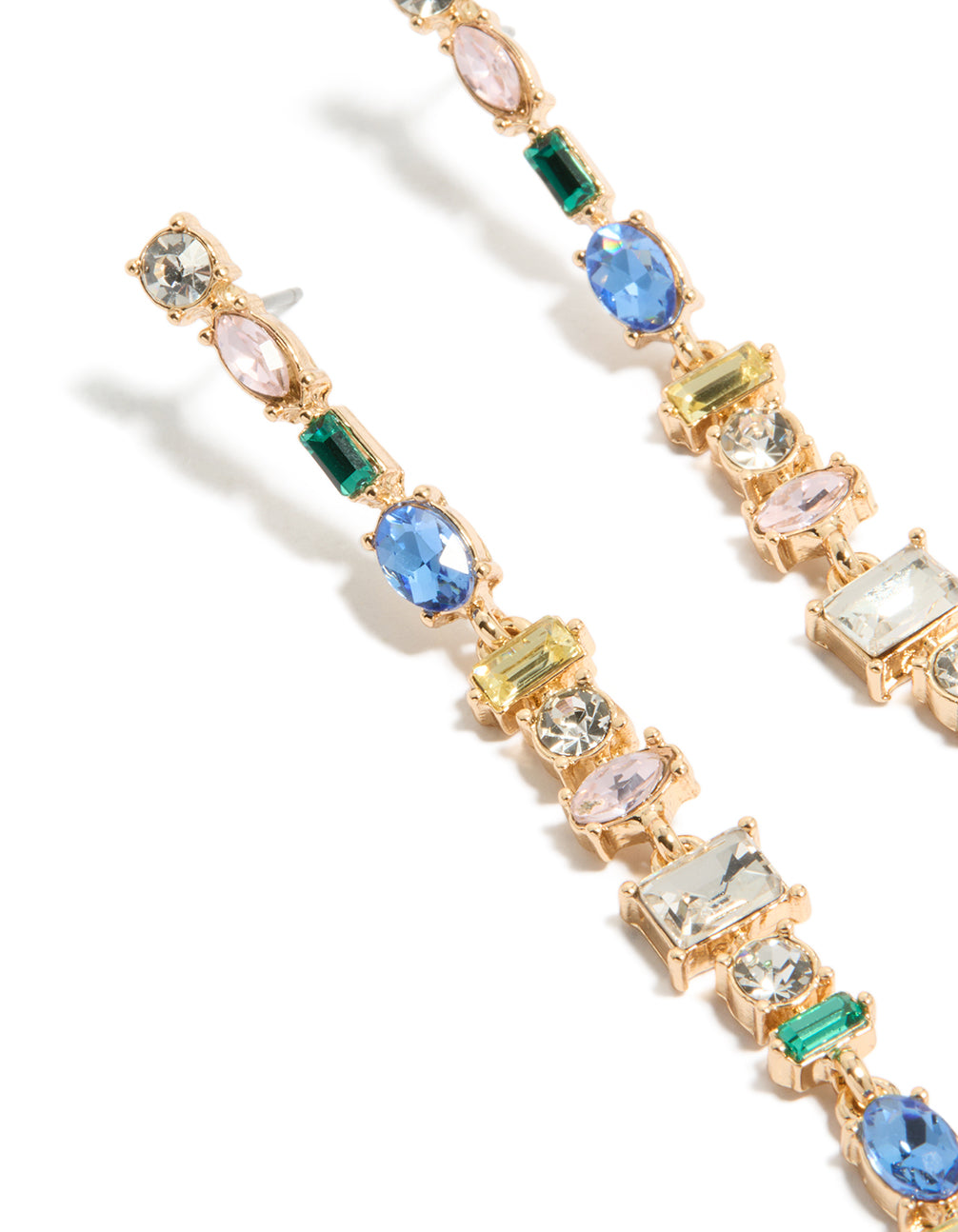 Crafted with gold blue and green diamante long drop earrings featuring statement style and oval stone cut close up view