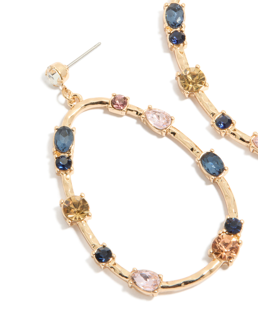 Designed with statement style, these earrings in gold dark blue, pink and brown diamantes in an open oval cut drop design close up view