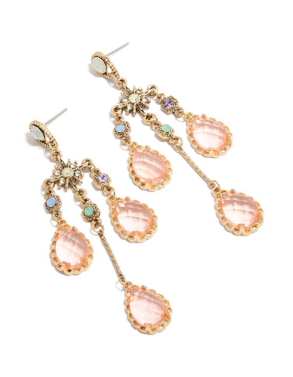 Showcasing statement stud closure diamante irregular long drop earrings featuring celestial charm designs in gold and pink front view